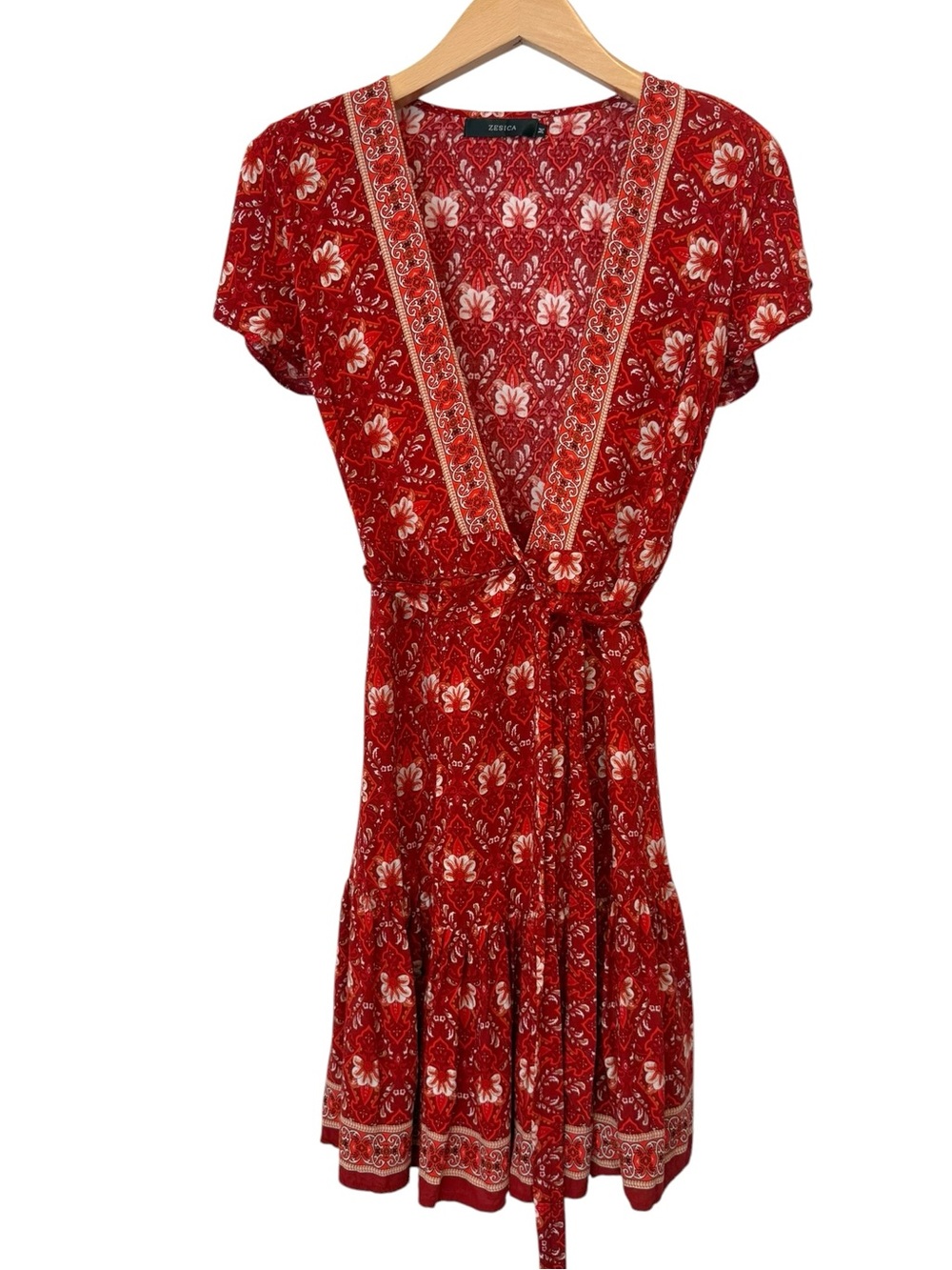 ZESICA Wrap V Neck Floral Ruffle Swing Mini Dress Beach Coverup Medium - Picture 2 of 9